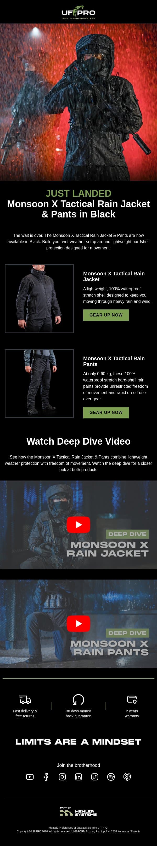 🚀 JUST LANDED: Monsoon X Tactical Rain Jacket & Pants in Black email from UF PRO screenshot