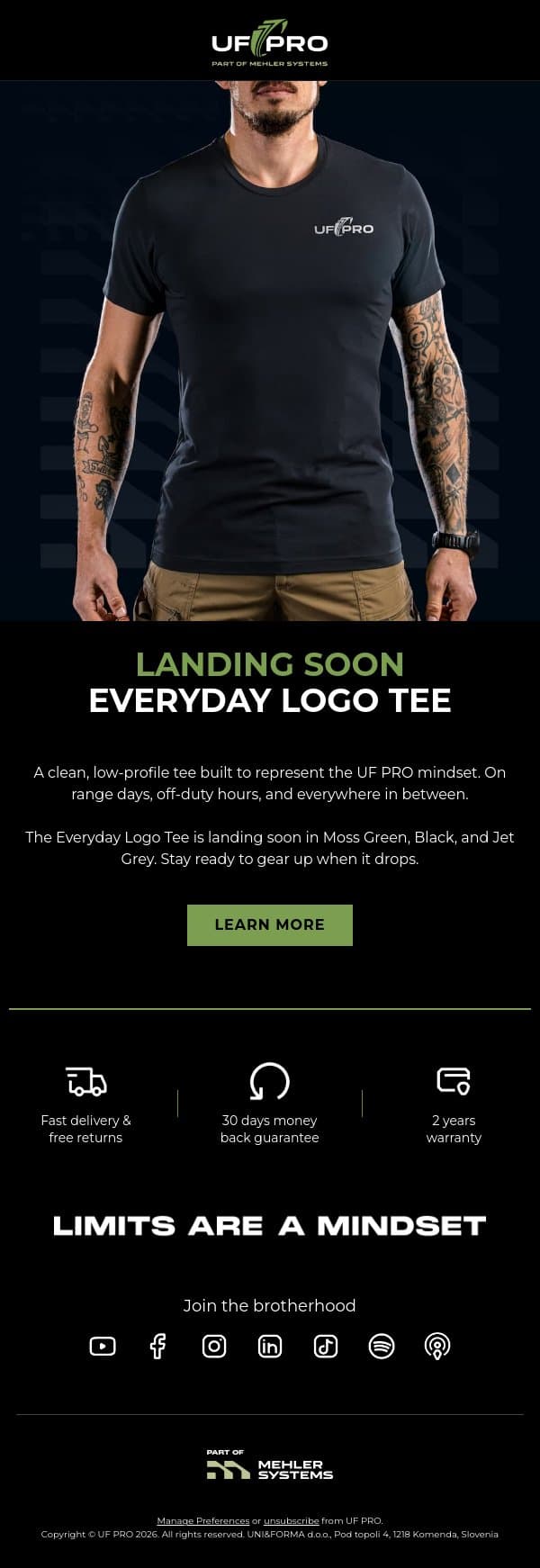 📣 LANDING SOON: The New Everyday Logo Tee email from UF PRO screenshot