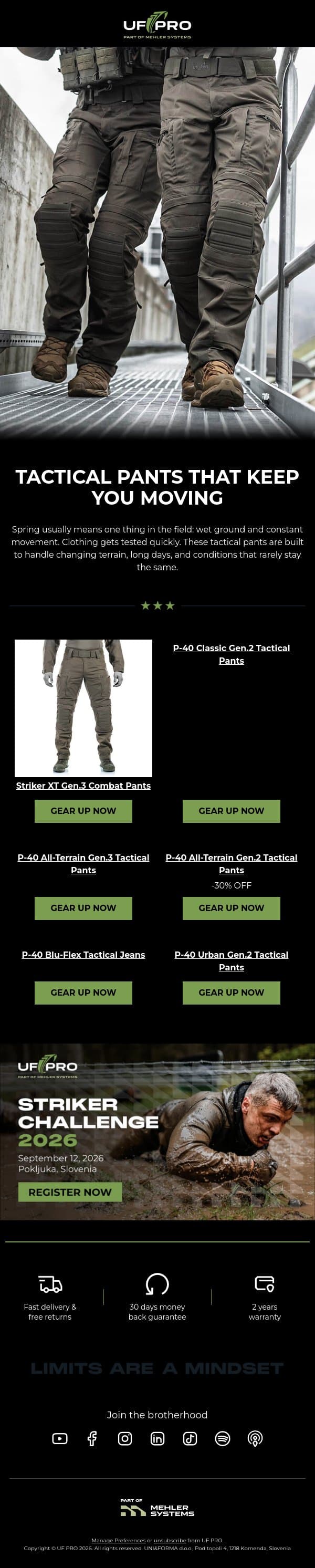 Pants Built for Changing Terrain email from UF PRO screenshot