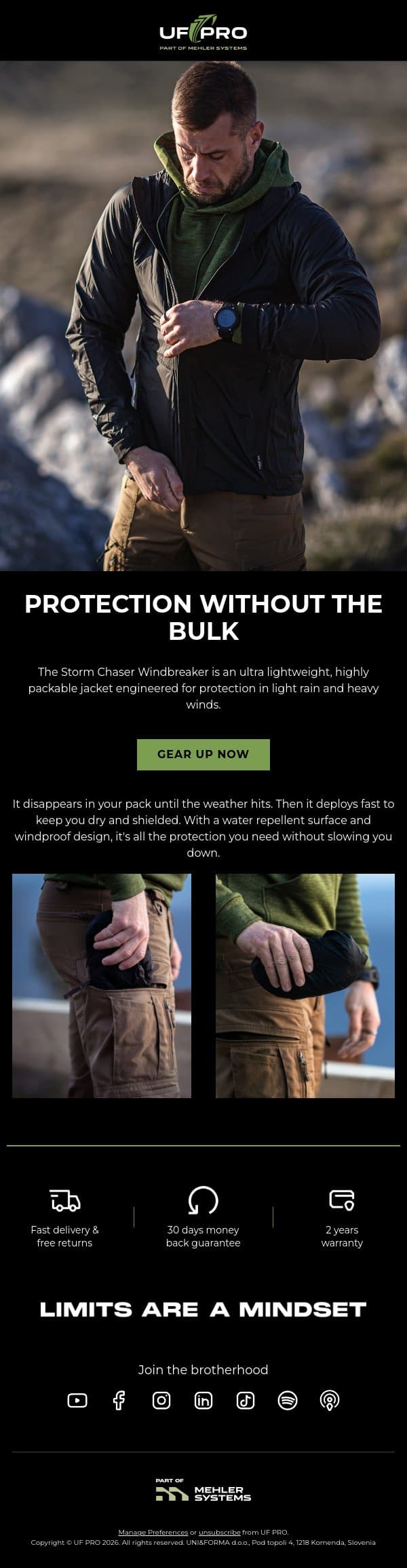 Your Shield Against Wind and Light Rain email from UF PRO screenshot