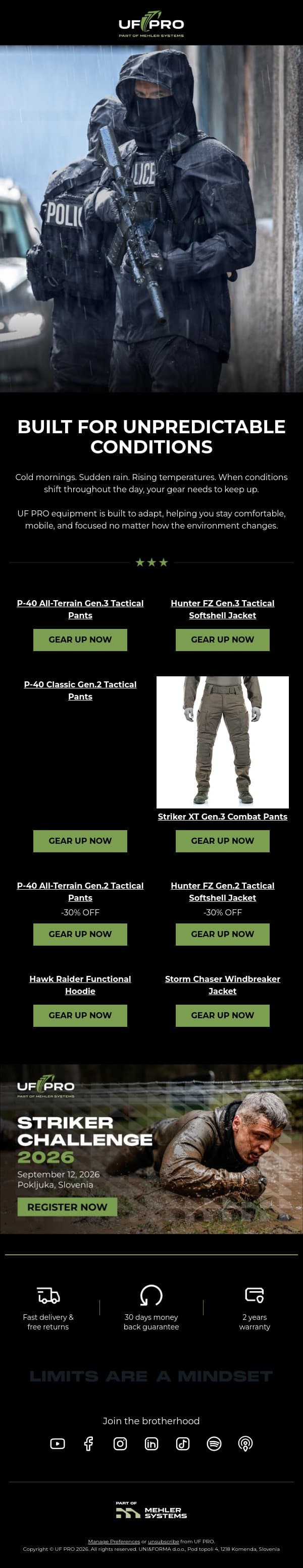 Weather is Unpredictable. Your Gear Shouldn't be. email from UF PRO screenshot