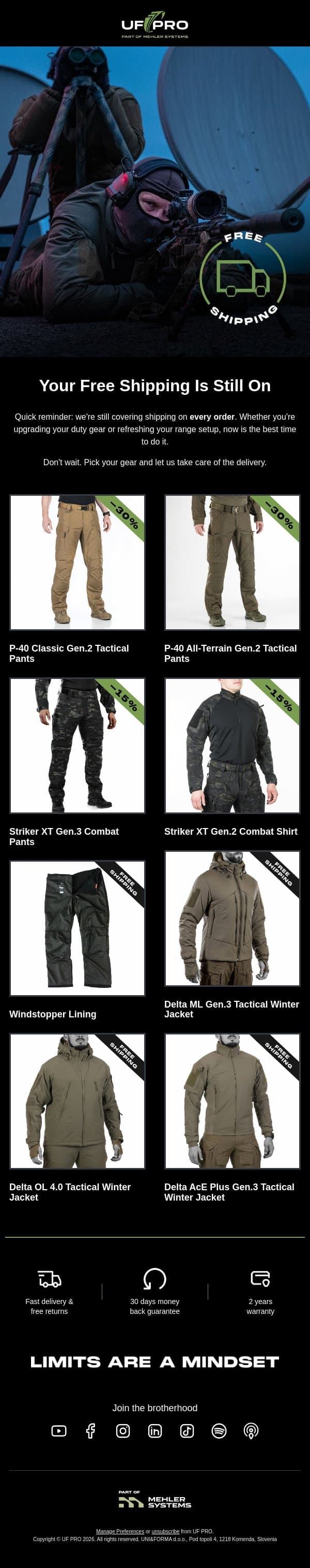 Free Shipping Ends Soon - Gear up Today 🚚 email from UF PRO screenshot