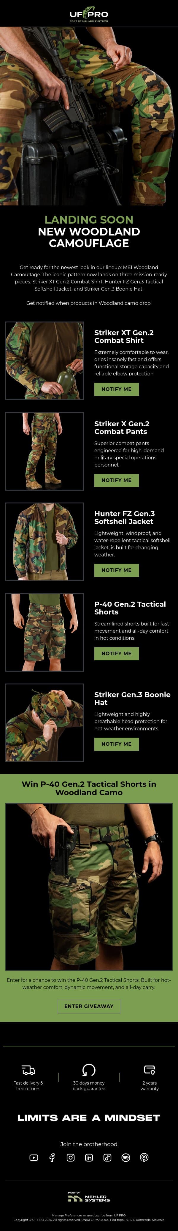 🚨 LANDING SOON: Selected products in Woodland Camouflage email from UF PRO screenshot