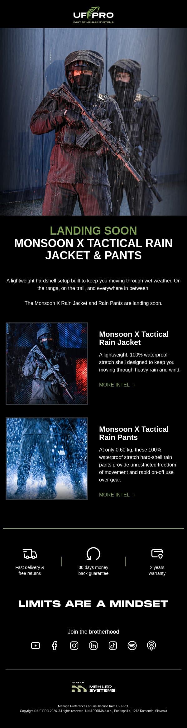 📣 LANDING SOON: Monsoon X Tactical Rain Jacket and Pants email from UF PRO screenshot
