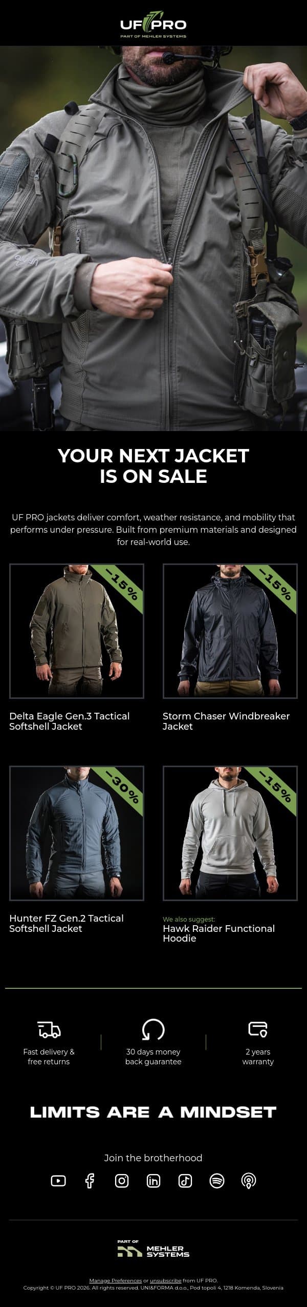SPRING SALE - Save on UF PRO Jackets email from UF PRO screenshot