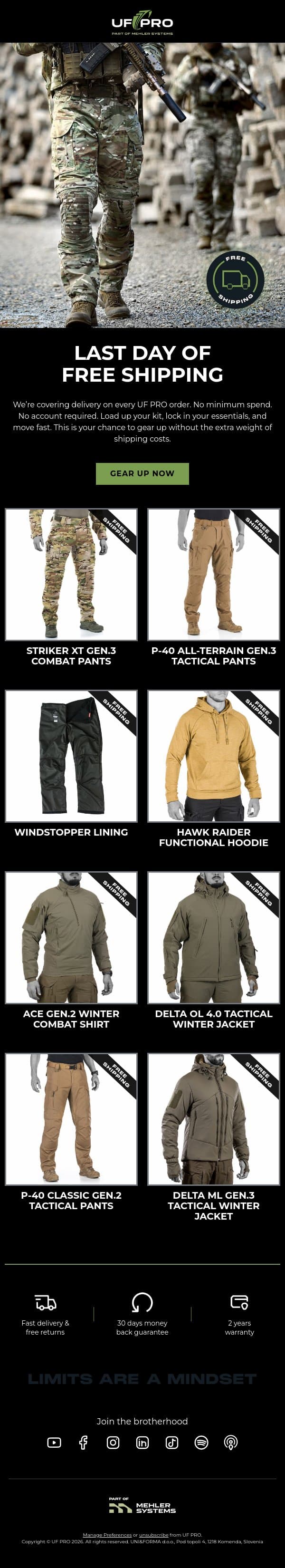 😱 Last Day of FREE SHIPPING. Act Fast. email from UF PRO screenshot