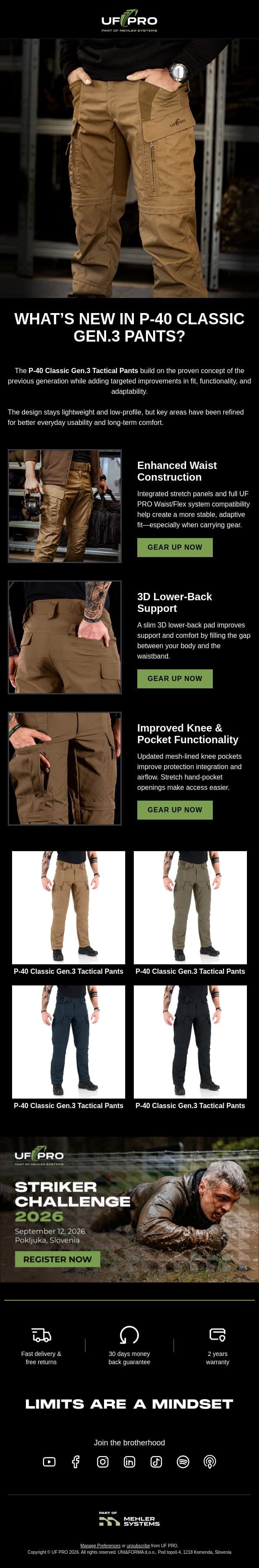 What’s New in P-40 Classic Gen.3 Pants? email from UF PRO screenshot