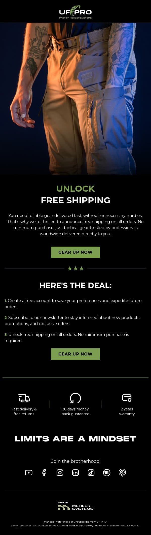 How To Get Free Shipping On All Orders? email from UF PRO screenshot
