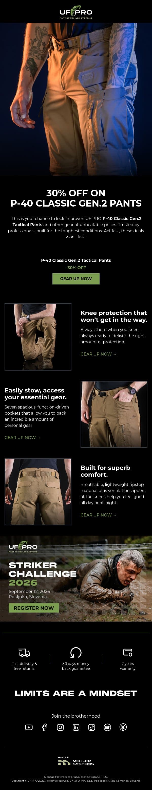 30% OFF P-40 Classic Gen.2 Pants email from UF PRO screenshot