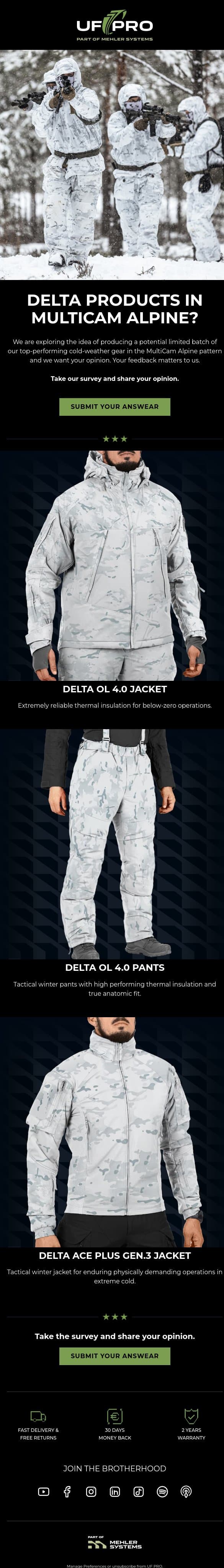 🧐 Delta Cold Weather Gear in MultiCam Alpine? email from UF PRO screenshot