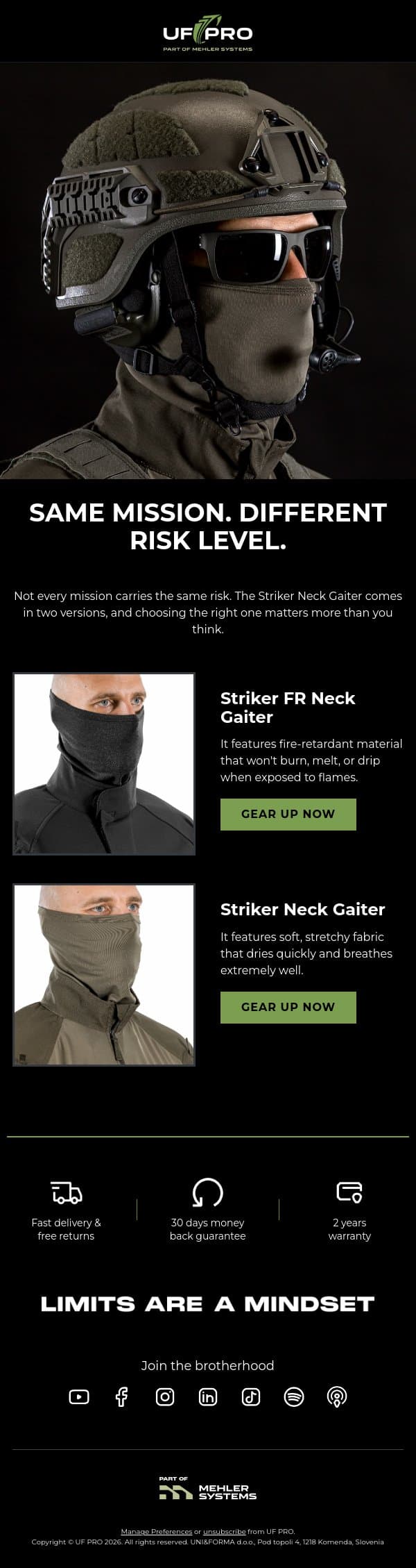FR or Standard Neck Gaiter? email from UF PRO screenshot