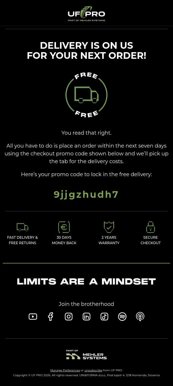 Get free delivery on your next order email from UF PRO screenshot