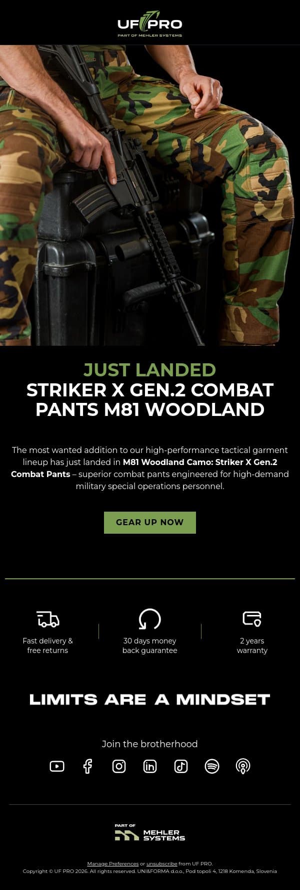 📣 JUST LANDED: Striker X Gen.2 Combat Pants in M81 Woodland Camo email from UF PRO screenshot