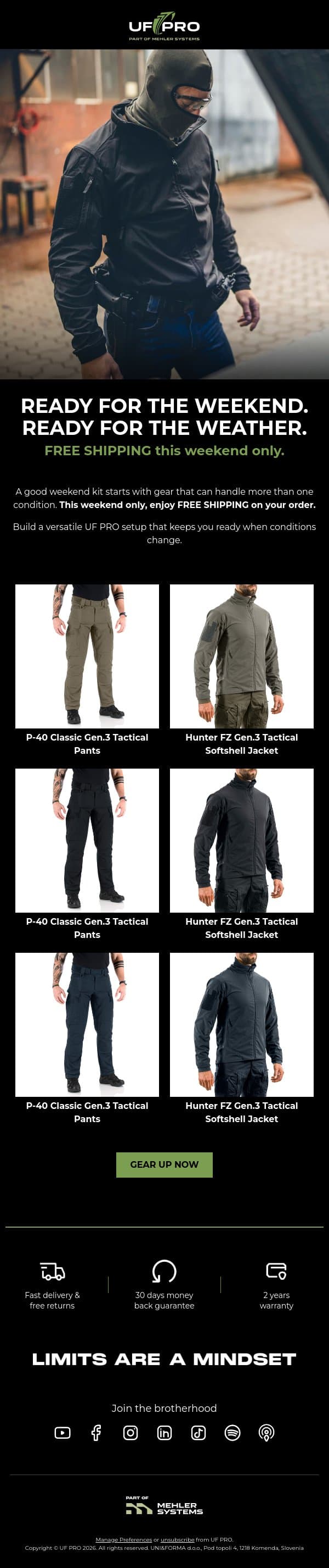 🚚 Weekend Field Kit: Pants + SoftShell Jacket email from UF PRO screenshot