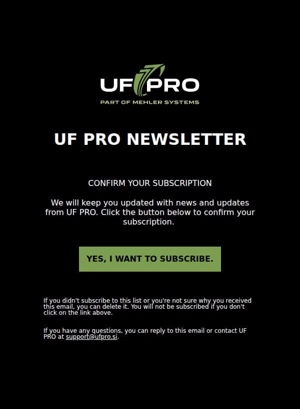 Confirm Your Subscription email from UF PRO screenshot