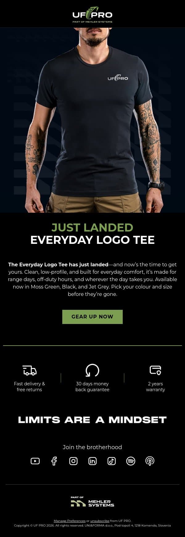 📣 JUST LANDED: Everyday Logo Tee email from UF PRO screenshot