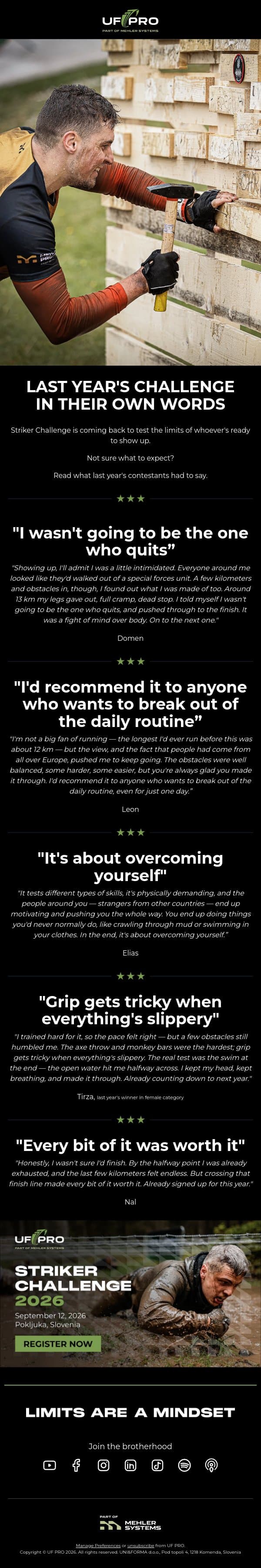 Testimonials From Last Year's Striker Challenge email from UF PRO screenshot