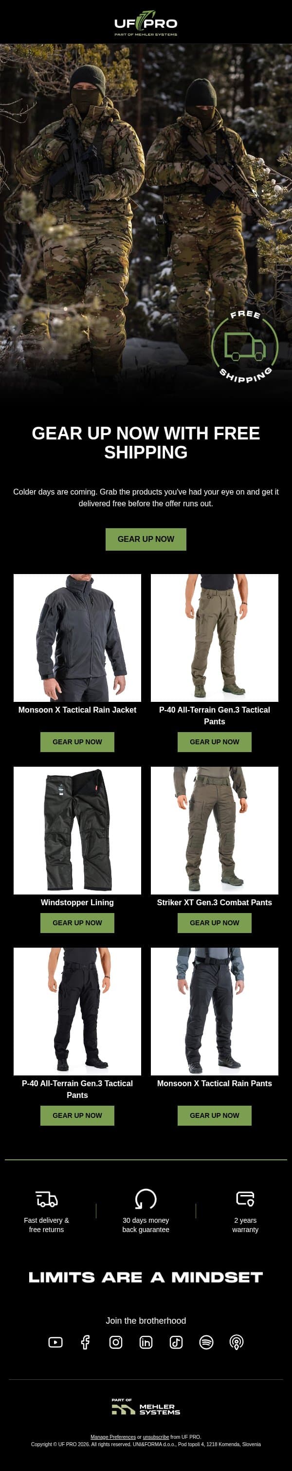 Your Next Gear Upgrade Ships Free email from UF PRO screenshot