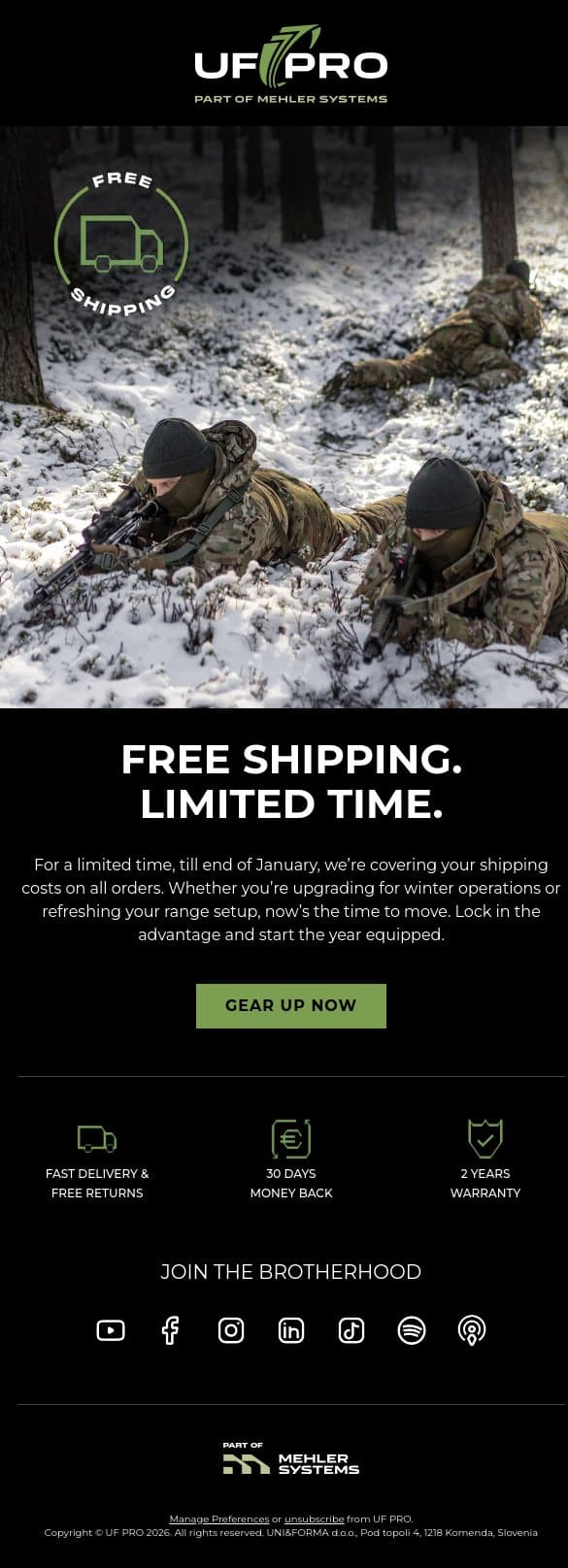 Free Shipping is Back. Time to Move. email from UF PRO screenshot