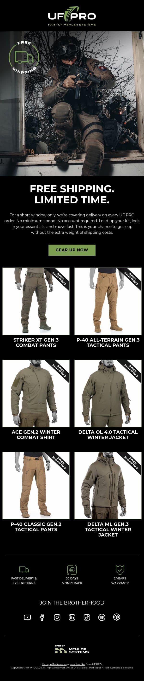 FREE SHIPPING for a Limited Time email from UF PRO screenshot