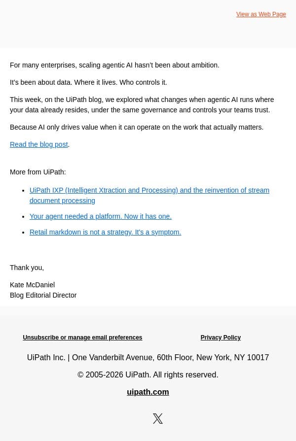Agentic AI, on your terms email from UiPath screenshot