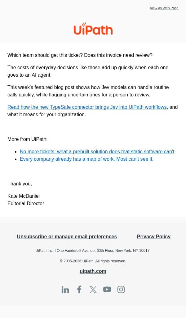 Not every decision needs an AI agent email from UiPath screenshot