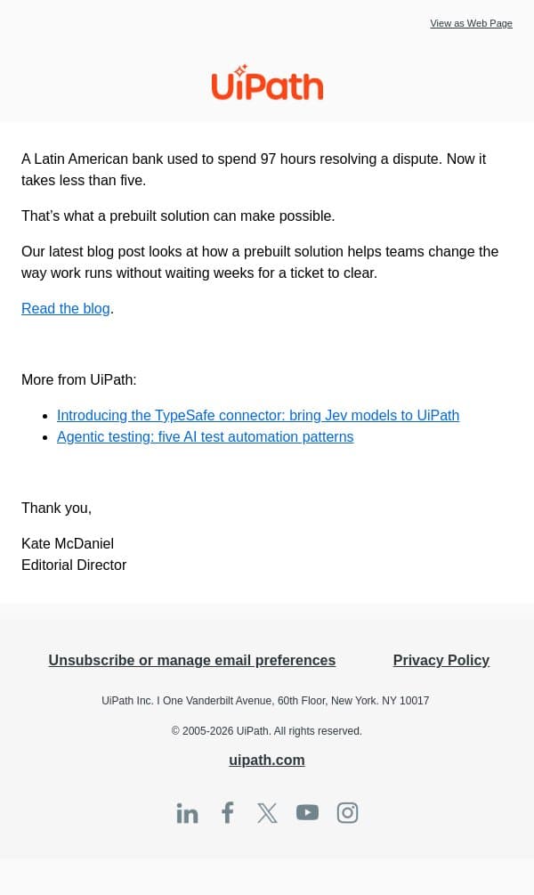 From 97 hours to under 5 email from UiPath screenshot