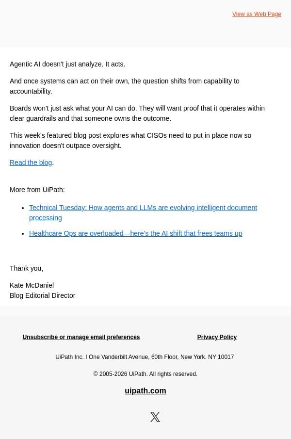 When AI acts, who is accountable? email from UiPath screenshot