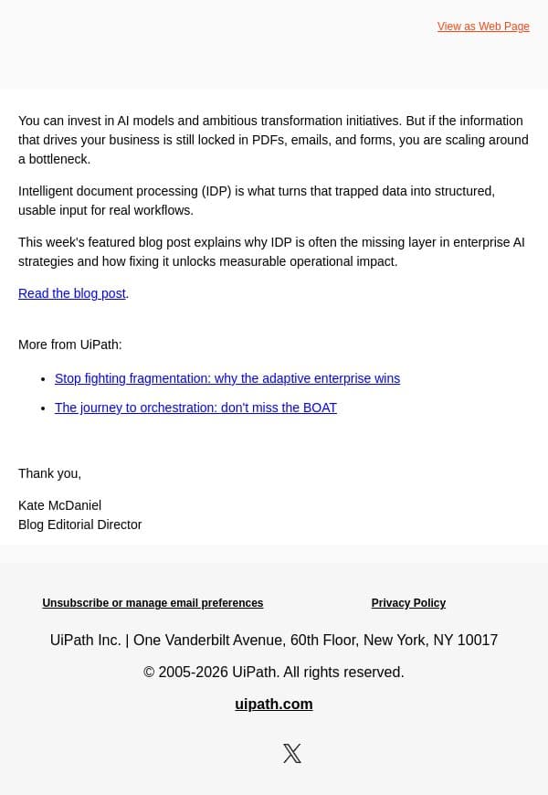 Your AI strategy has a document problem email from UiPath screenshot