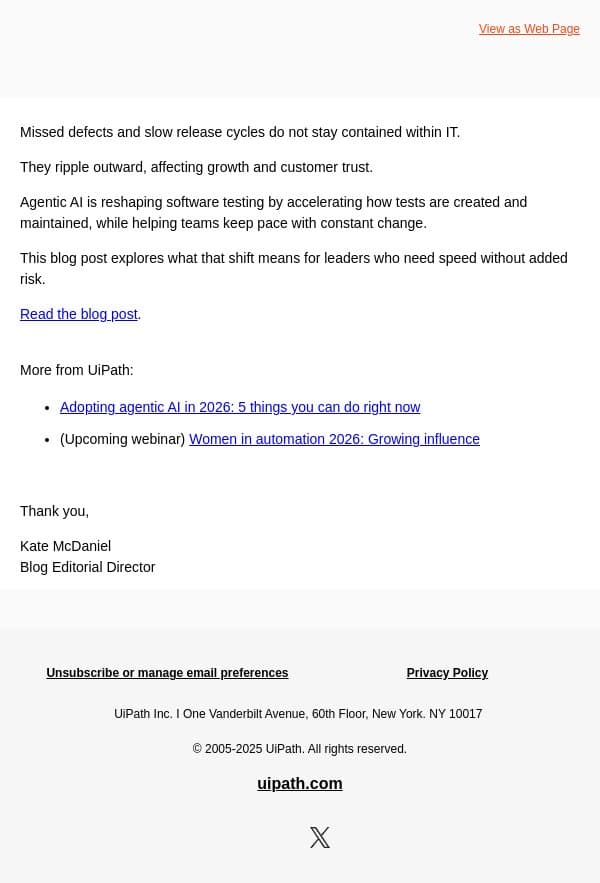 Release faster. Risk less. email from UiPath screenshot