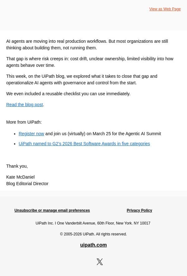 The AI operational gap most leaders are overlooking email from UiPath screenshot