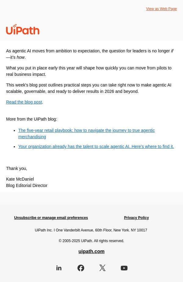 The decisions you make now will define your AI strategy email from UiPath screenshot
