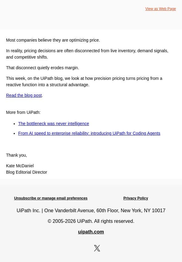 Make pricing precision your competitive moat email from UiPath screenshot