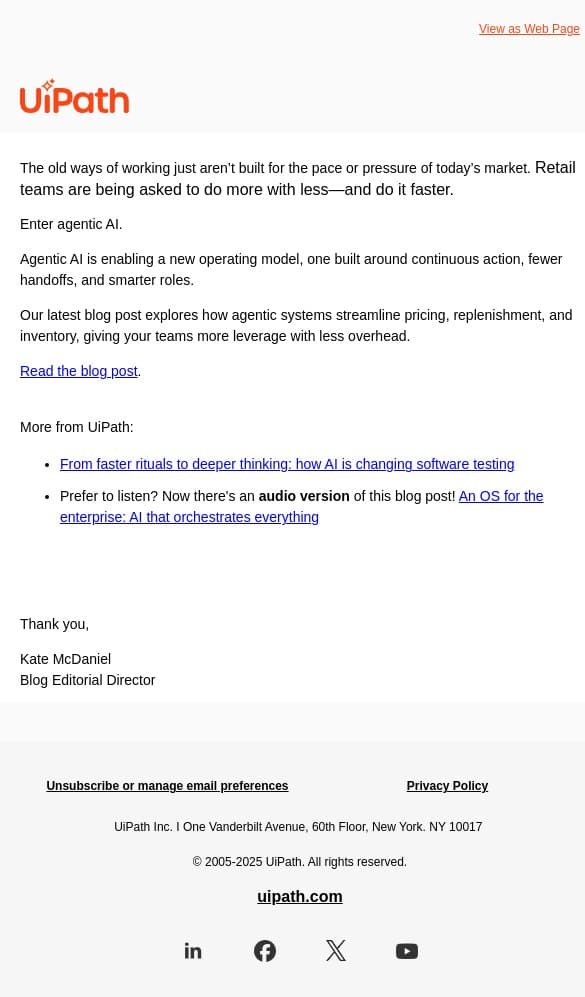 Introducing the new retail operating model email from UiPath screenshot