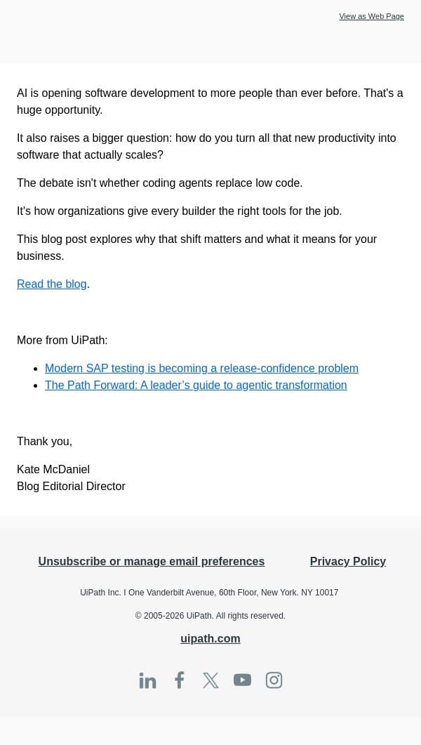 The AI debate leaders should actually be having email from UiPath screenshot