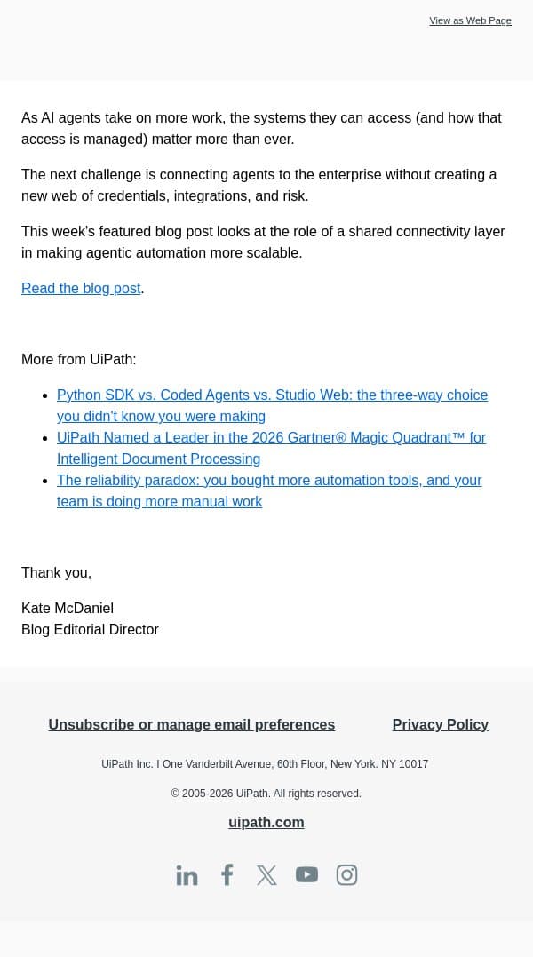 The agent-ready connectivity layer for enterprise automation and AI email from UiPath screenshot