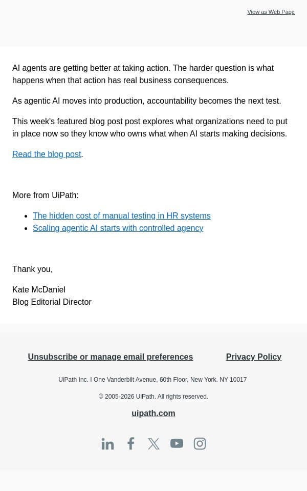 Who owns the outcome? email from UiPath screenshot