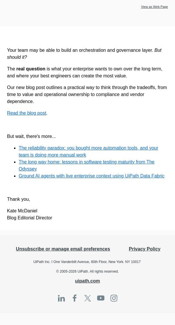 Build or buy? Ask this first email from UiPath screenshot