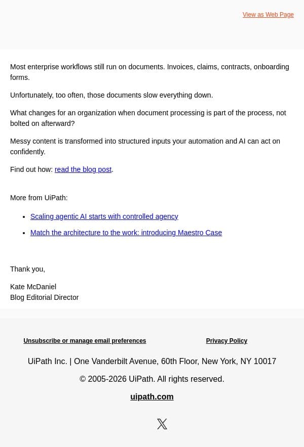Turn documents into decisions, not bottlenecks email from UiPath screenshot