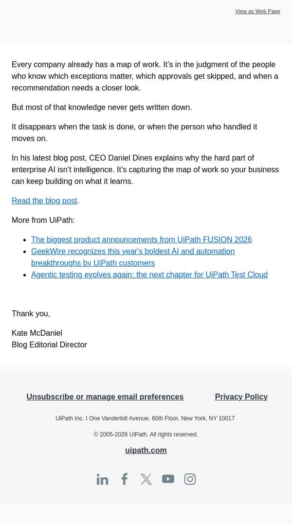 Every company already has a map of work. Most can’t see it. email from UiPath screenshot
