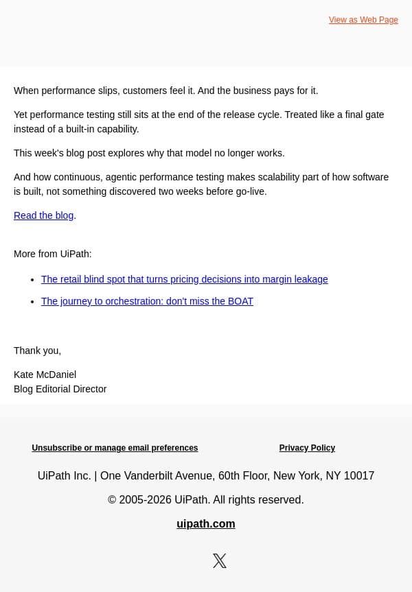 Slow is the new downtime email from UiPath screenshot
