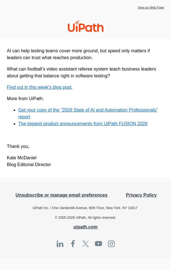 Can your team release faster without taking on more risk? email from UiPath screenshot