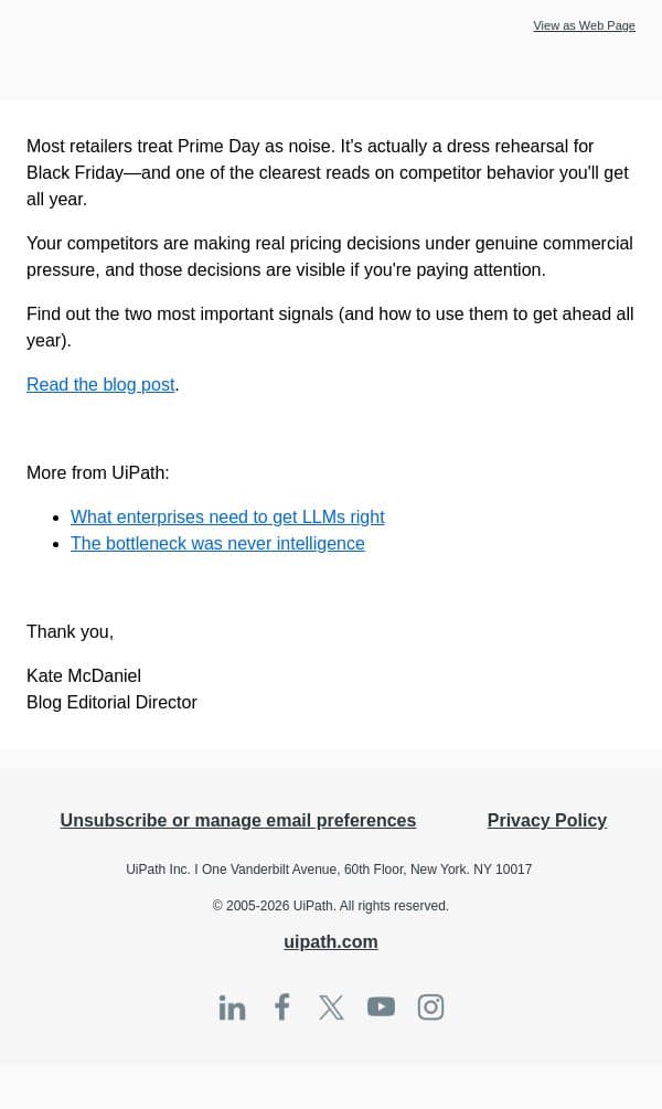 What Prime Day really measures email from UiPath screenshot