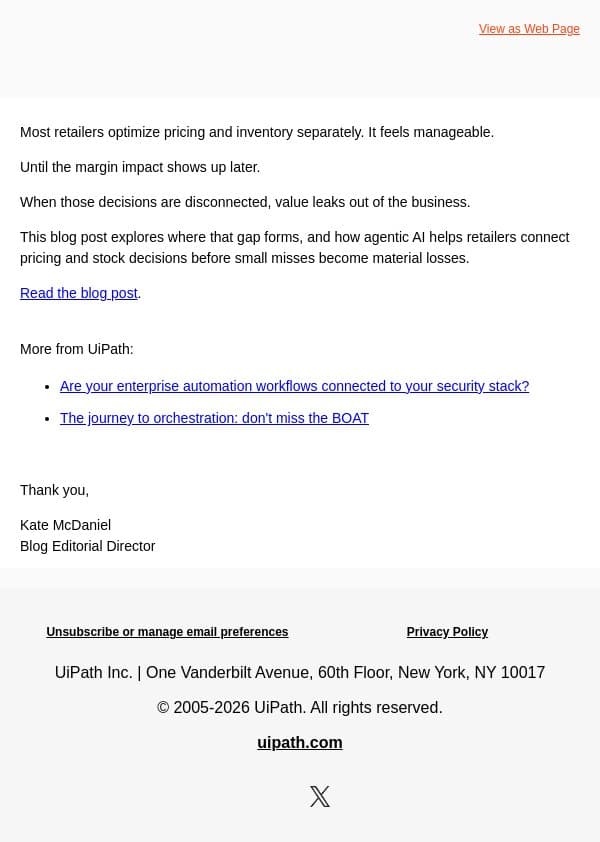 The disconnect hurting your margin email from UiPath screenshot
