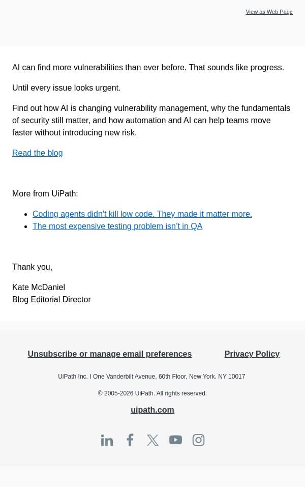 The vulnerability problem AI can't solve on its own email from UiPath screenshot
