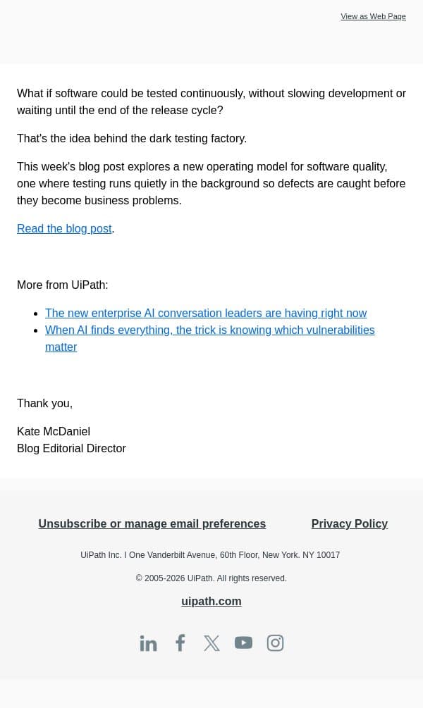 Inside the dark testing factory email from UiPath screenshot