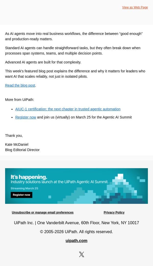 Not all AI agents are created equal email from UiPath screenshot