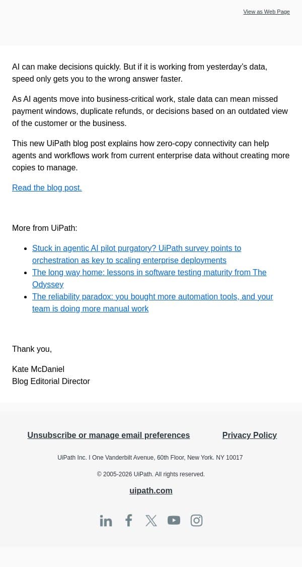 Can your data keep up? email from UiPath screenshot