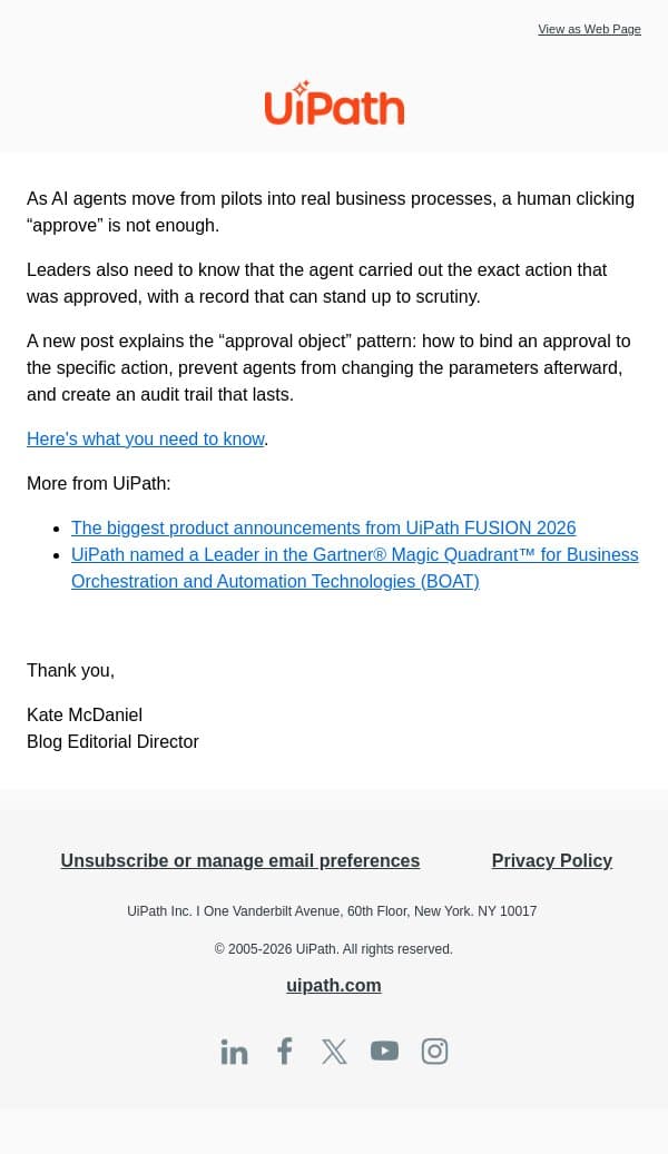 Did your agent do what you approved? email from UiPath screenshot