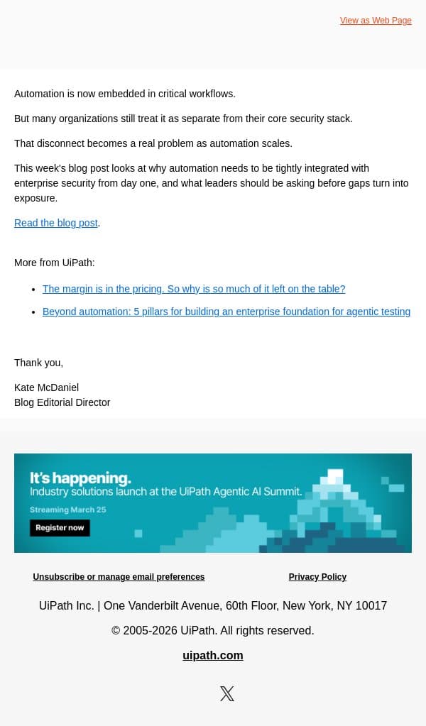 Automation and security can’t live apart email from UiPath screenshot